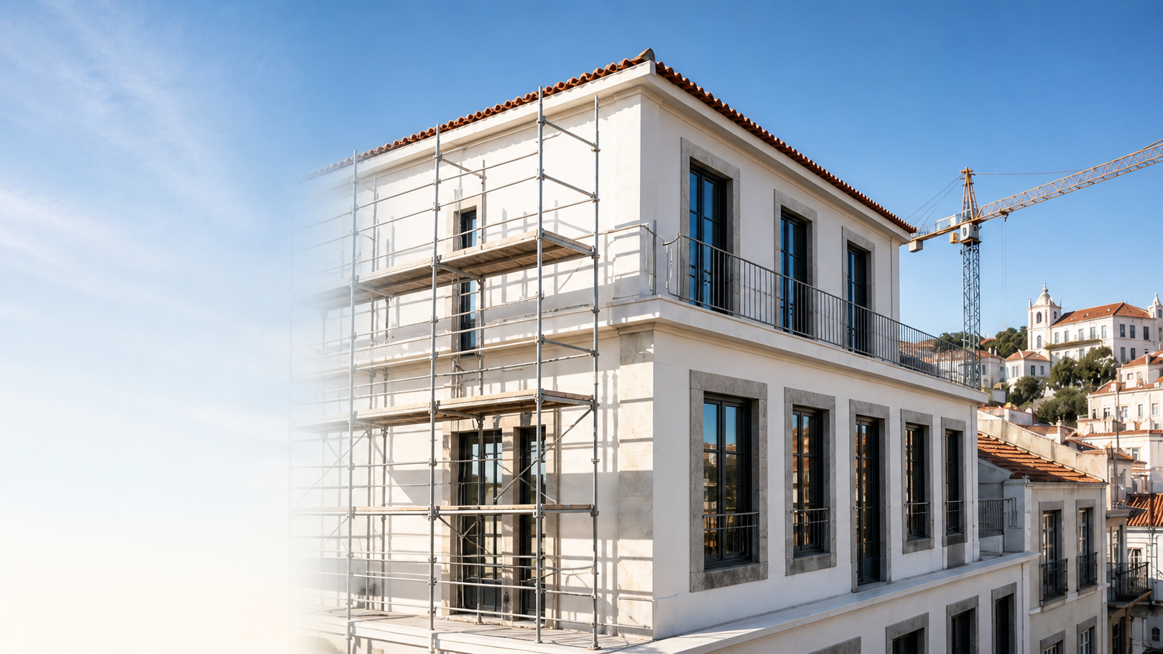 Edifício em reabilitação com andaimes em Lisboa